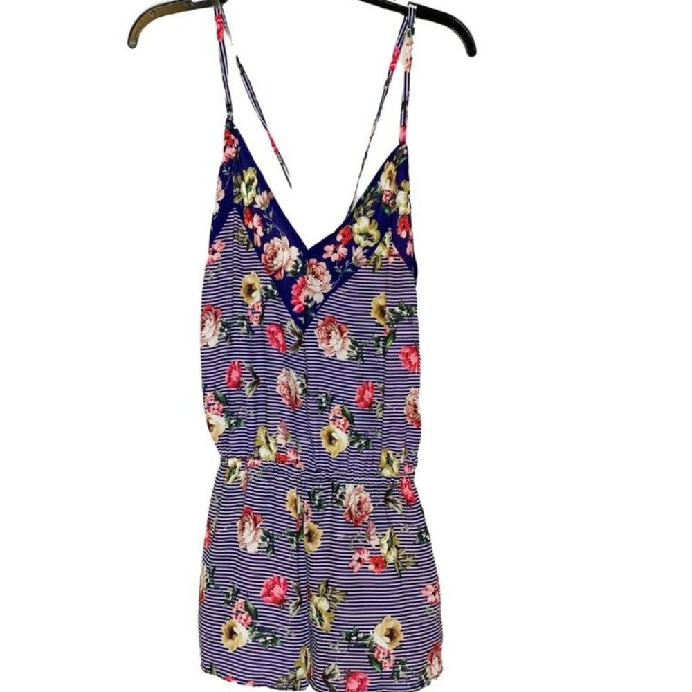 Isabella Rose Floral V-neck Striped Strappy Elastic Waist Romper Size SP